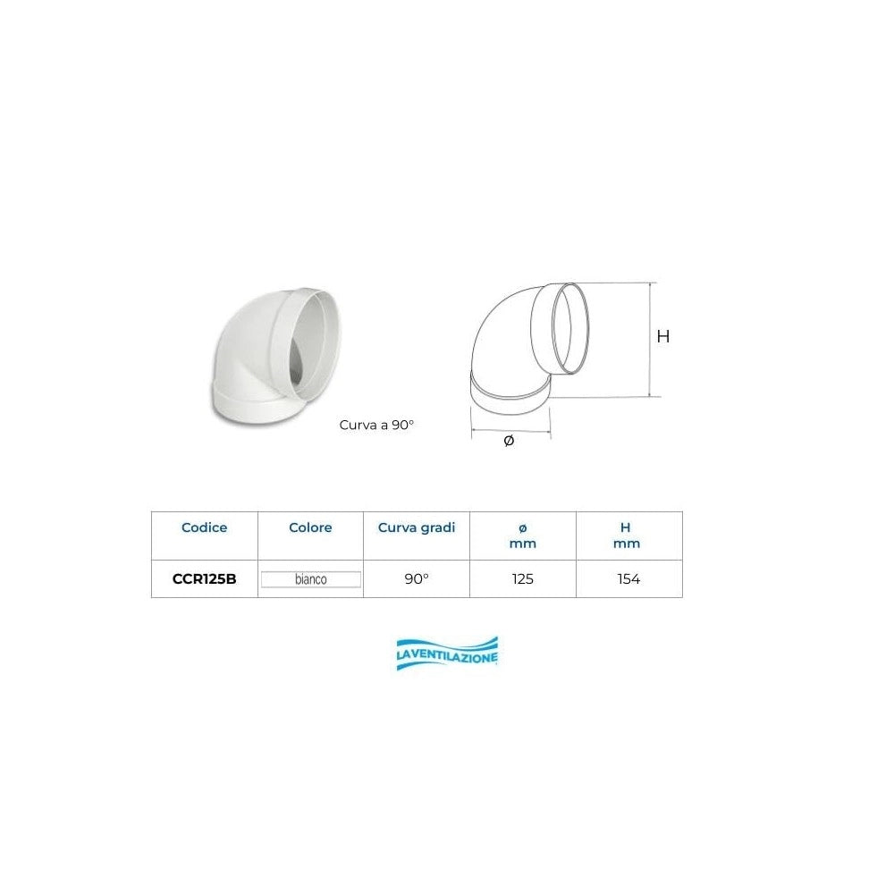 First 125mm a 90° curva semicurva gomito ff per tubi tondi aerazione cappa