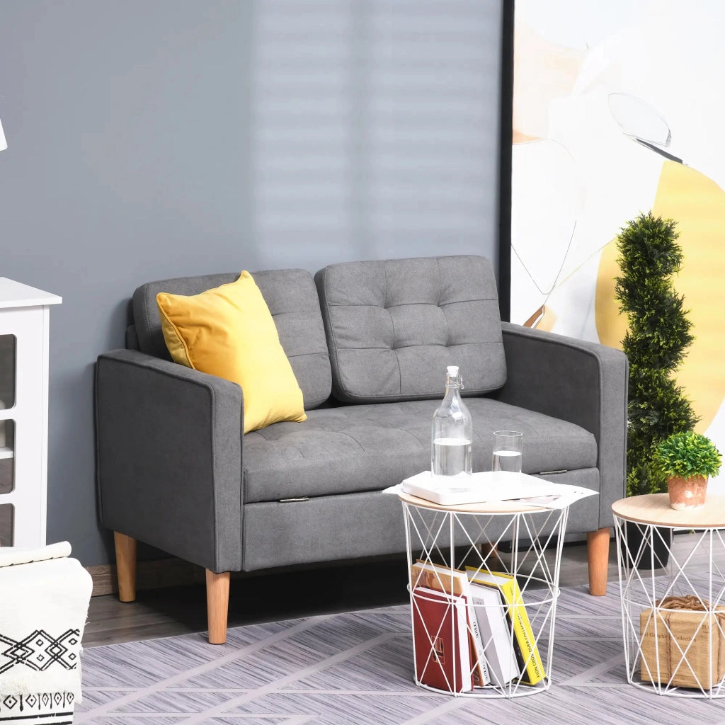 Divano a 2 posti in poliestere con vano contenitore e schienale capitonné per salotto grigio 117 × 62 × 78 cm