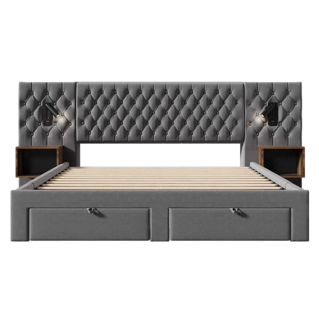 Letto matrimoniale 180 × 200 cm con 2 comodini, 4 cassetti, lampada da lettura e USB, senza materasso, velluto grigio