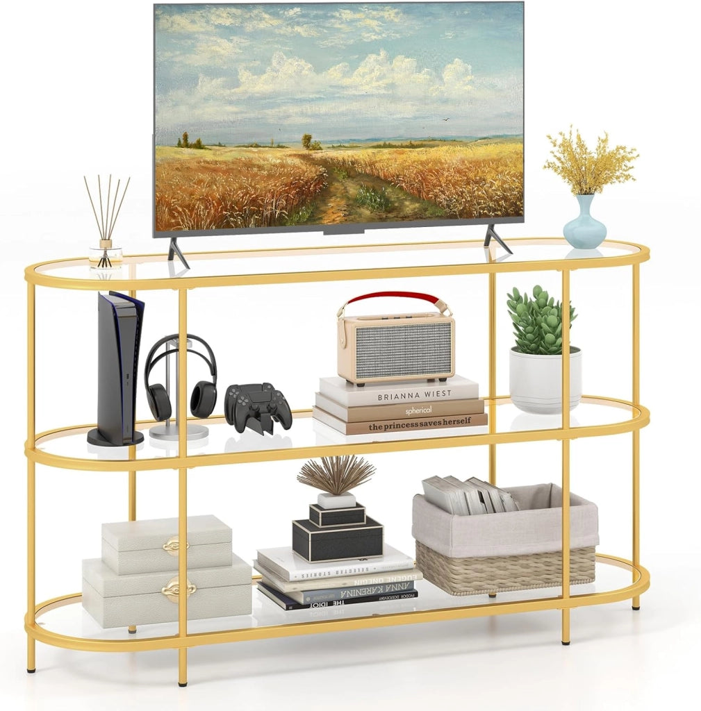Mobile Porta TV fino a 65’’, Tavolo Consolle TV con 3 Ripiani in Vetro Temperato, Supporto TV con Struttura in Metallo, per Soggiorno, Camera da Letto