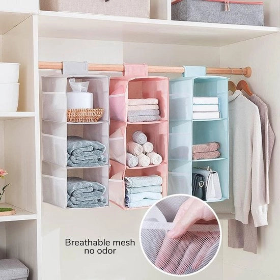 Cassettone a muro con 3 sezioni, organizzatore a muro con 9 tasche in rete per la stanza da letto, misura 30 x 22,5 x 60 cm, pieghevole e universale, 3 livelli (rosa)