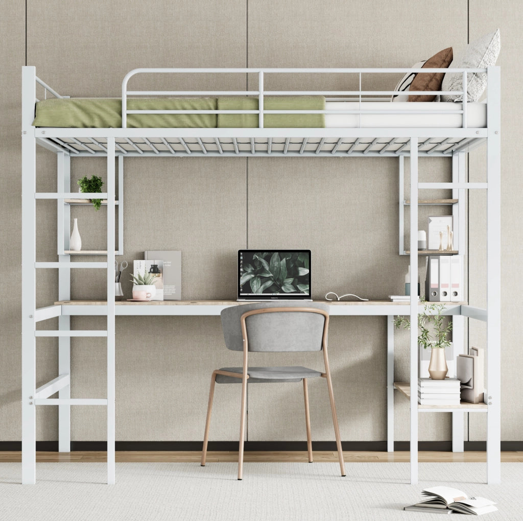 Letto a soppalco in metallo bianco 140x200 cm con scrivania e scaffali integrati