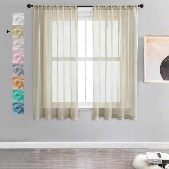 Voile gordini con occhielli – Set da 2 – Beige/Crème – 160x140 cm – Corti, Semi trasparenti, Finitura lino