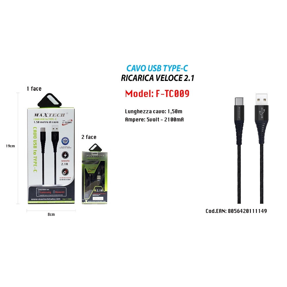Trade Shop - Cavo Usb A Type C Dati Ricarica Per Samsung Huawei 1.5 Metri 3a Maxtech F-tc009 -