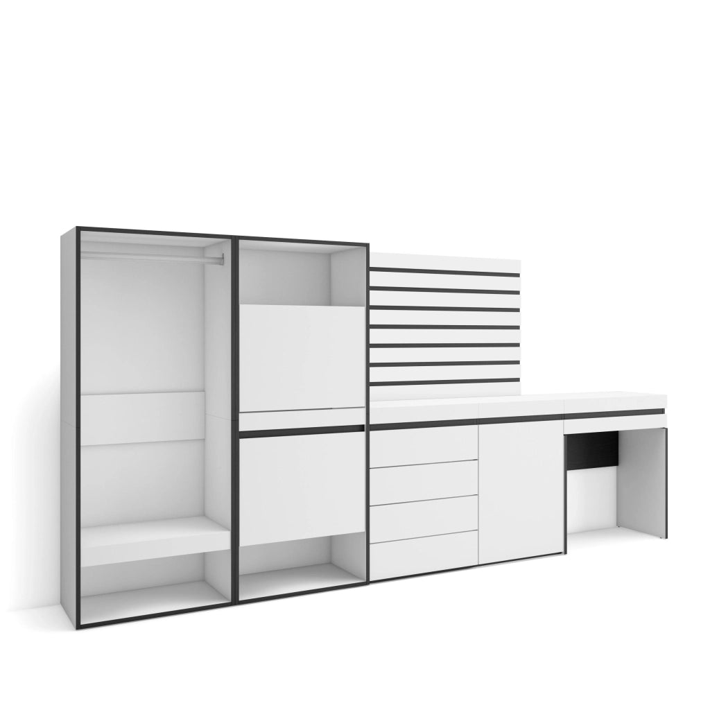 Scarpiera, 297x35x145cm, Camera da letto, Armadio Aperto, Cassettiera, Pannelli Decorativi, Tavolo da toeletta, Bianco RF3502
