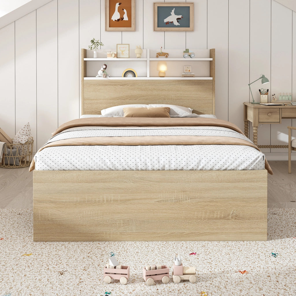 OKWISH Letto Singolo 90×200 cm con 2 Cassetti, Contenitore e Mensole, senza Materasso, in Legno, Bianco e Rovere