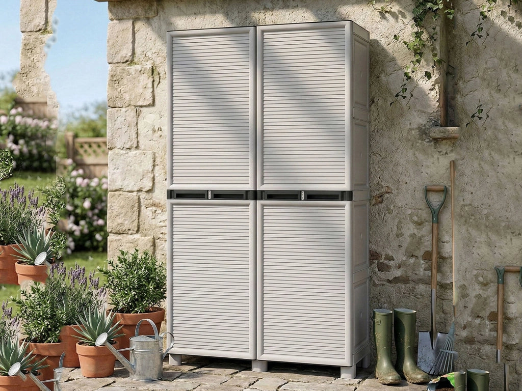 Armadio multiuso da esterno o Allain, Mobile a 2 ante e 3 ripiani in polipropilene, 100% Made in Italy, cm 100x39h172, colore Grigio chiaro