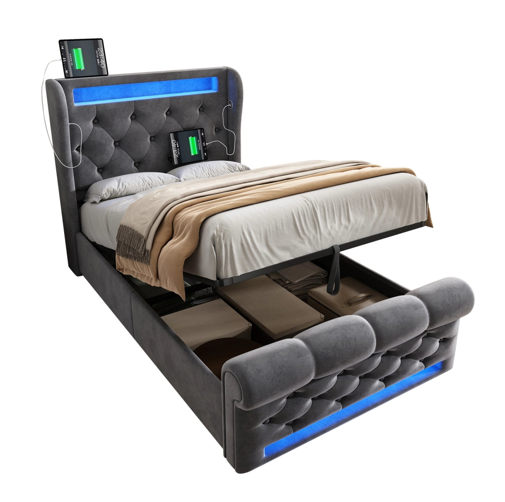 Letto singolo imbottito 90x200 cm in velluto grigio con LED; USB e Type-C; contenitore idraulico