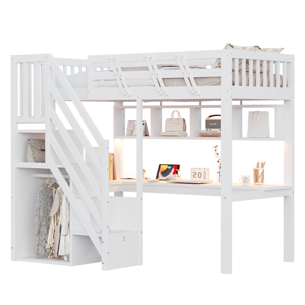 Letto Singolo in Legno Massello con Scala, Scrivania, LED e USB ¨C Xylo ¨C Bianco 90x200