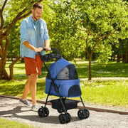Carrello pieghevole per cani e gatti con quattro ruote doppie e freni in tessuto oxford blu 67 × 45 × 96 cm