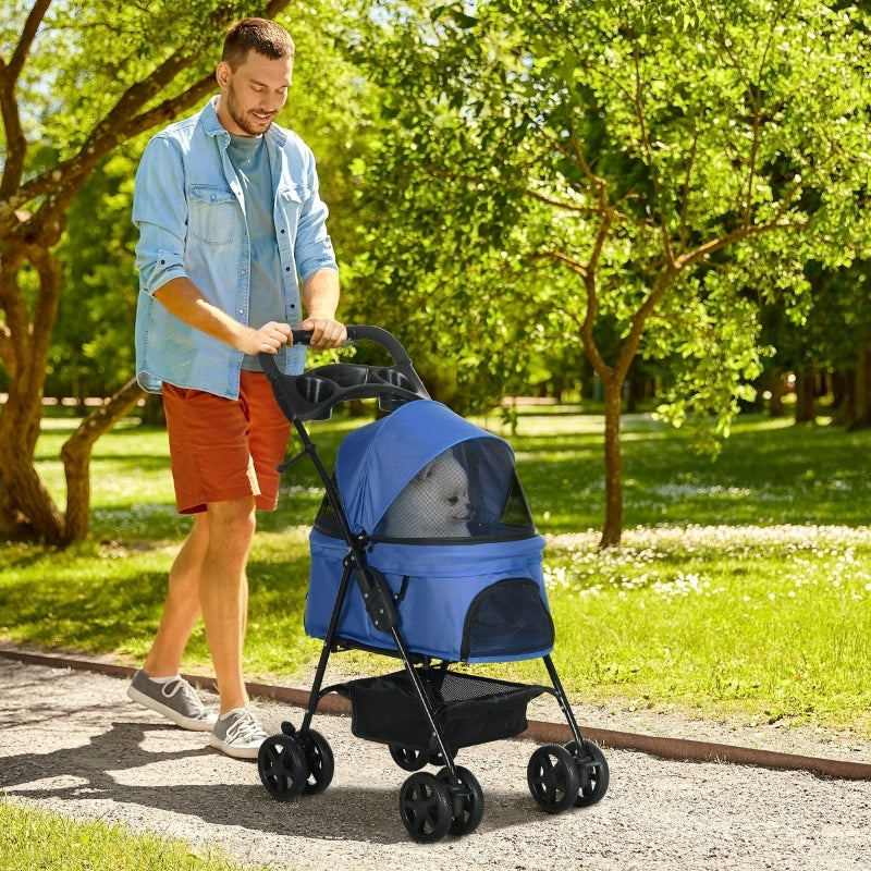 Carrello pieghevole per cani e gatti con quattro ruote doppie e freni in tessuto oxford blu 67 × 45 × 96 cm