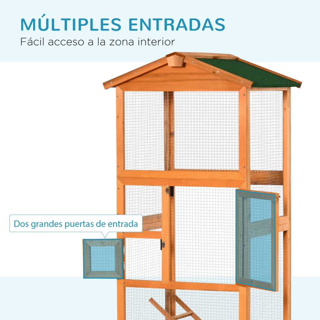 Gabbia per Uccelli Grande in Legno di Abete con 2 Porte e Tetto Asfaltato ¨C Minimal ¨C 68x63x165cm
