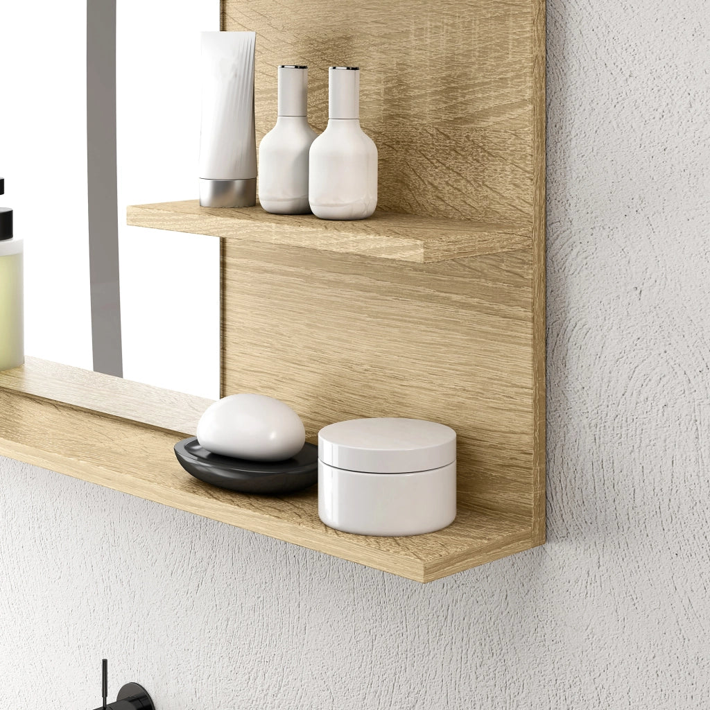 Specchio Bagno da Parete 75x10x48 cm con Mensole in Legno e Vetro Color Legno