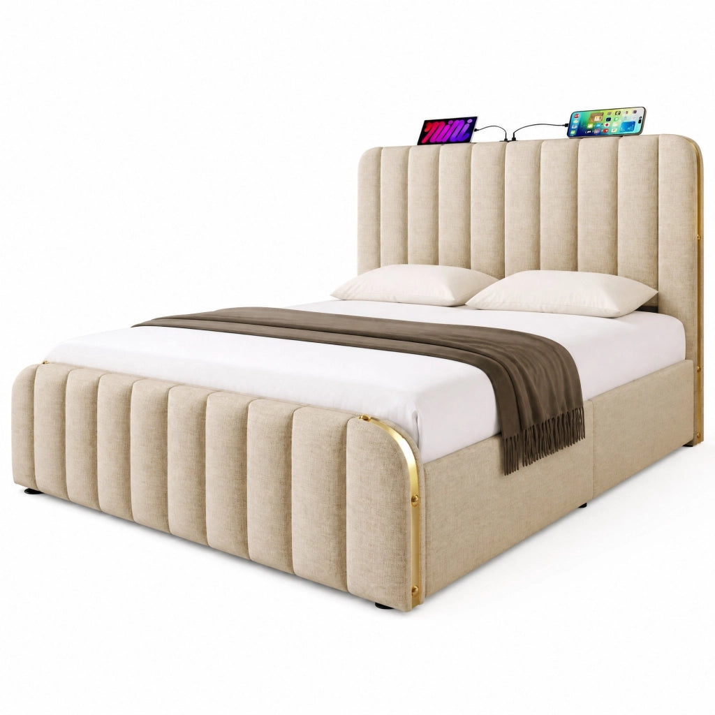 Letto matrimoniale imbottito 160x200 cm beige con testiera USB Type-C e contenitore idraulico