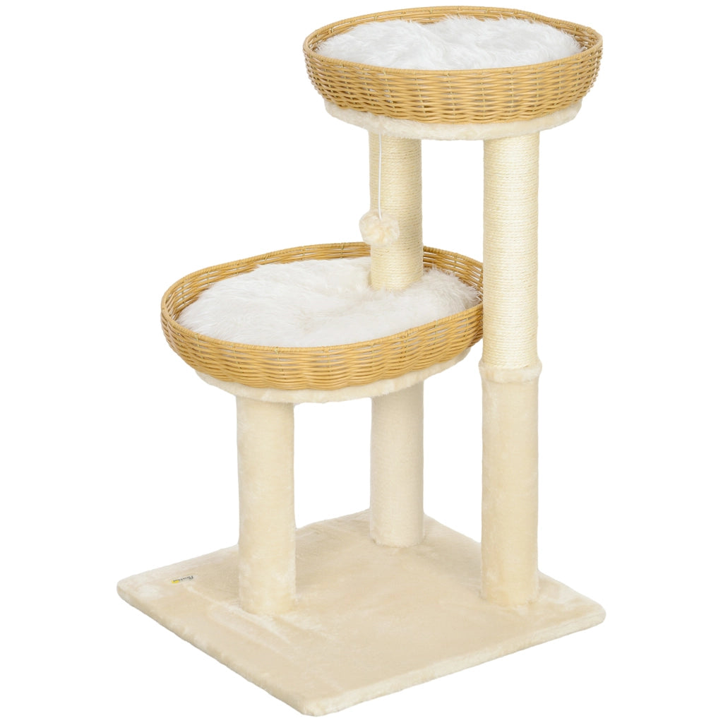 Tiragraffi per gatti con due letti in rattan e cuscini lavabili ¨C Xylo ¨C Beige 75,5 cm