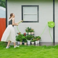 Outsunny Avvolgitubo da Giardino Retrattile con Tubo dell'Acqua 15 m, Rullo Avvolgitubo da Parete Girevole a 180°, Avvolgitubo Automatico Tubo da Giardino per Irrigazione in plastica, Verde