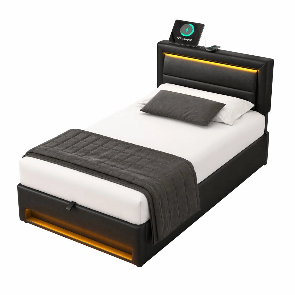 Letto imbottito 90x190 cm con USB, LED, contenitore e rete a doghe, PU, nero