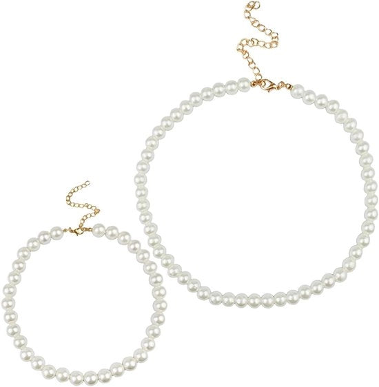 Parelketting e anello vintage in stile da sera, catena da bracciale per matrimonio, festa e evento (bianco) 34–41 cm