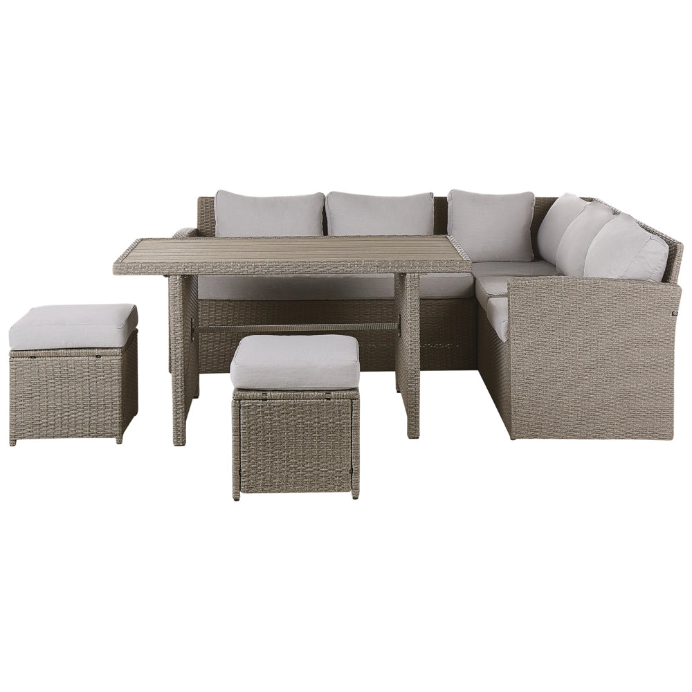 Divano ad angolo da giardino Set grigio Rattan Sintetico Taupe Cuscini Divano a 5 posti Tavolo 2 ottomani Set da pranzo all'aperto