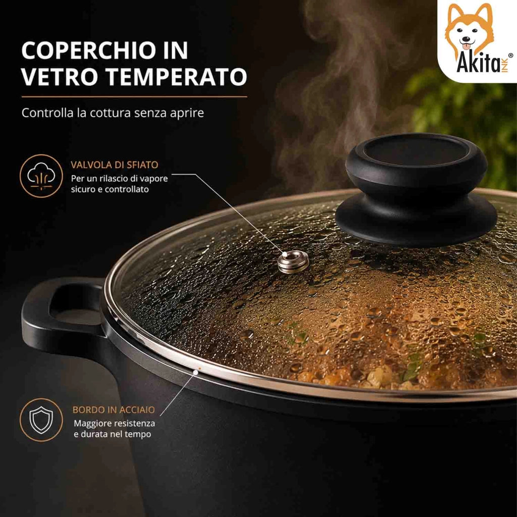 Akitaink Pentola Alluminio Pressofuso Coperchio Vetro 24 cm