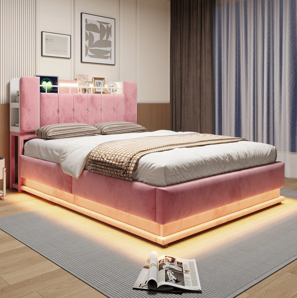 Letto matrimoniale 140x200 cm con LED; USB e contenitore idraulico in velluto rosa