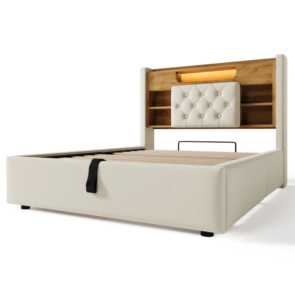 Letto matrimoniale 90x200 cm con contenitore idraulico; LED e porte USB; in lino beige