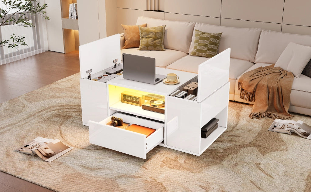 TAVOLINO DA SALOTTO 100 x 50 x 40 cm Bianco lucido con LED