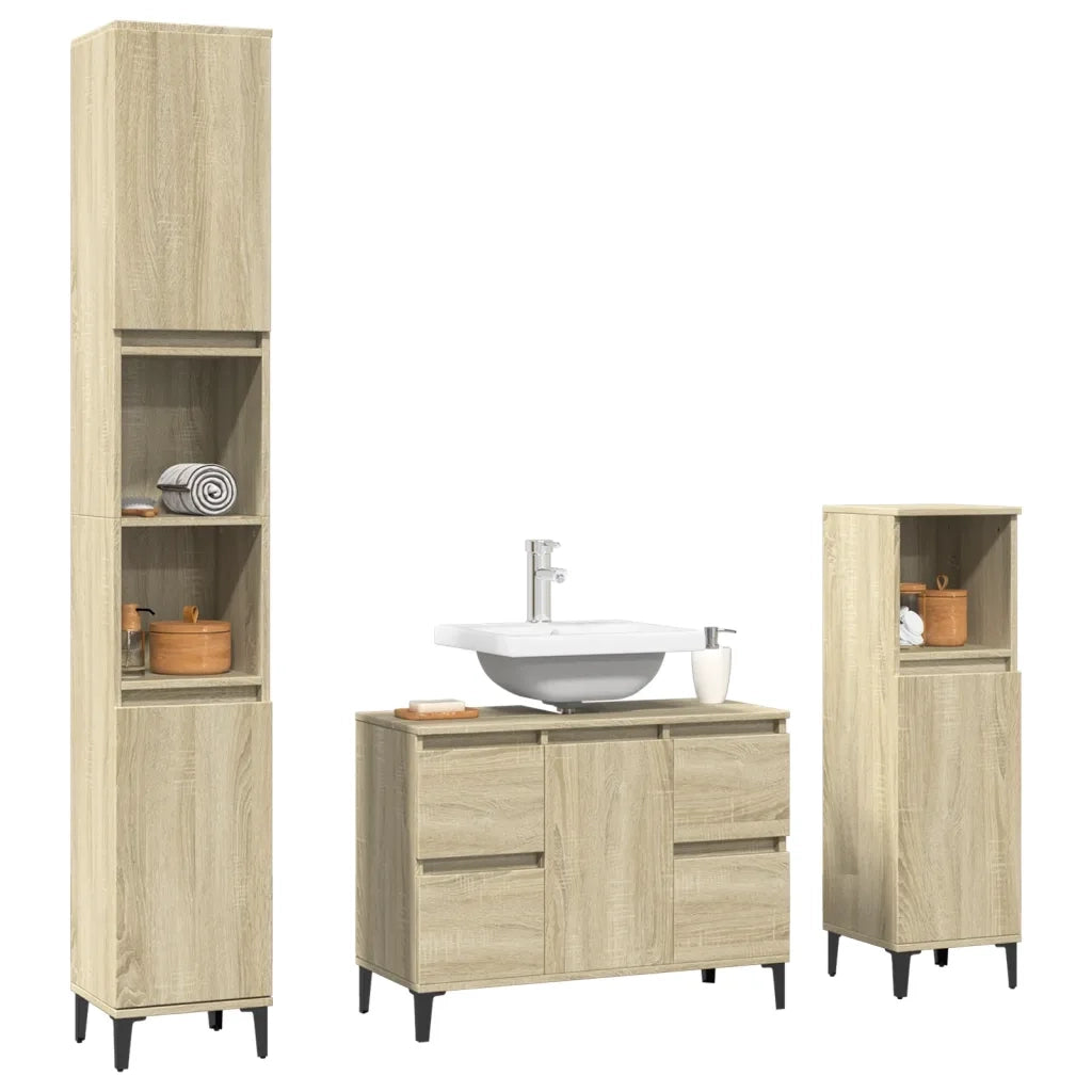 Set Mobili da Bagno | Armadio da bagno 3 pz Rovere Sonoma in Legno Multistrato