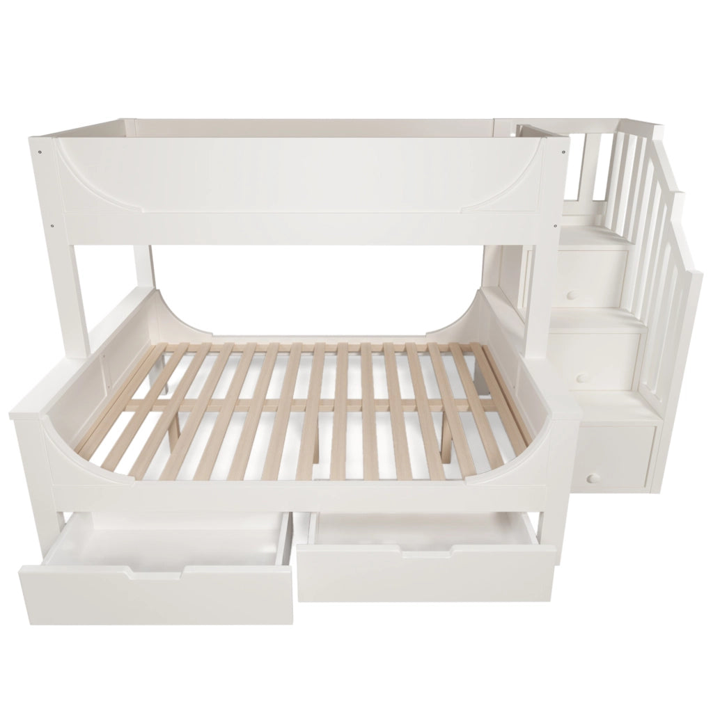 Letto a castello con armadio scala e cassetti, design elegante a slitta, colore bianco
