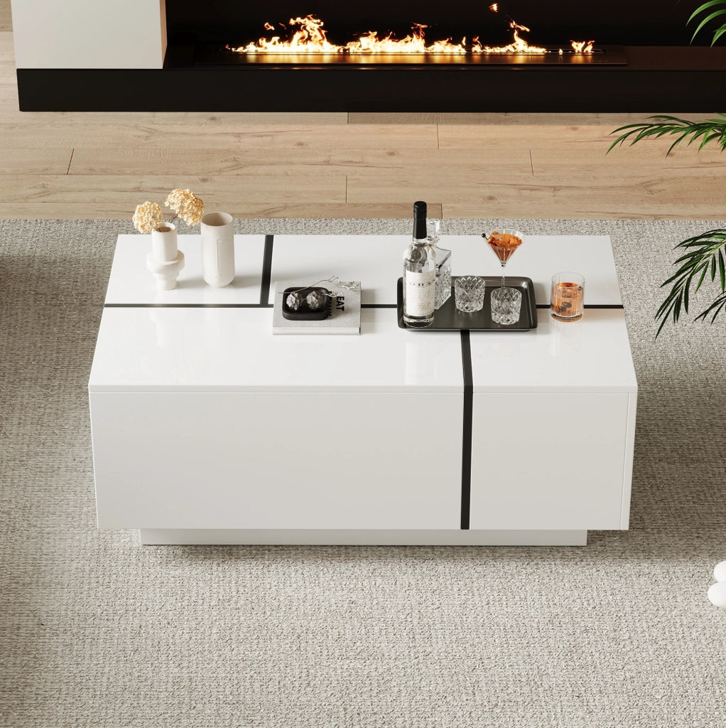 Tavolino da caffè 100x60x40 cm con 4 cassetti e piano lucido in truciolare bianco e nero