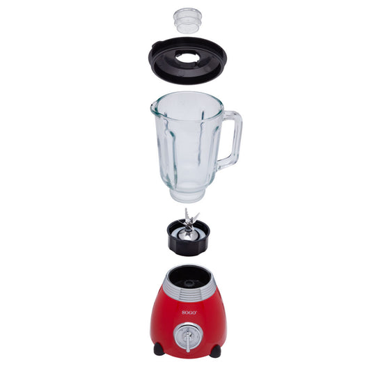 SOGO Frullatore in Vetro 1,5L – Design Retrò, Acciaio Inox, 6 Lame, 2 Velocità, Funzione Ghiaccio, Rosso Metallizzato