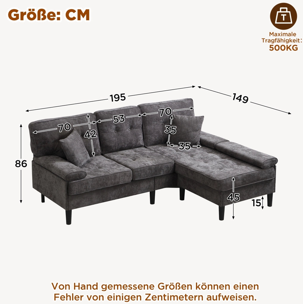 Divano angolare modulare a L in chenille con funzione letto e pouf mobile, 195 cm, ideale per appartamenti