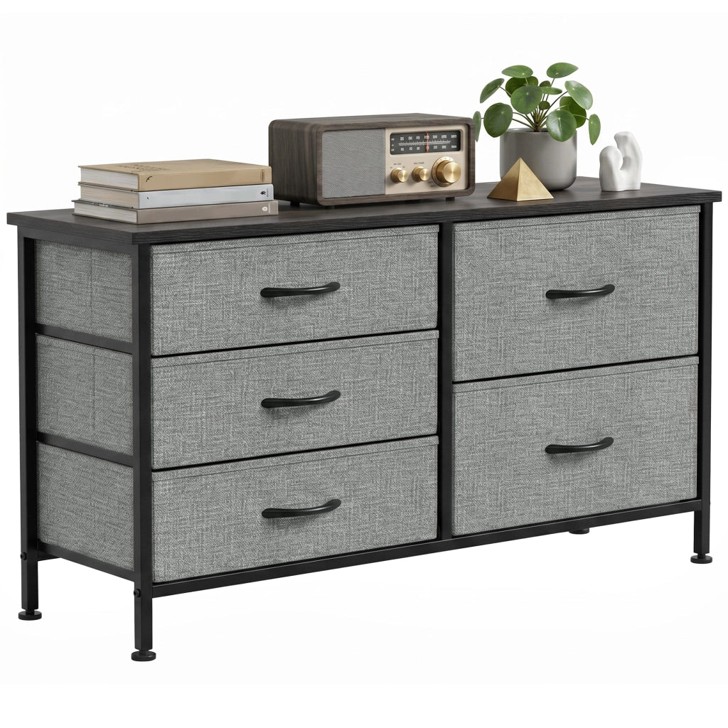 Cassettiera 5 Cassetti Tessuto Grigio Nero ¨C Zephmum ¨C Acciaio 60x40x138