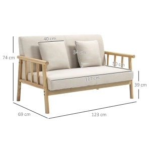 Divano a 2 posti con cuscini, struttura in legno massello e stile rustico, beige 123 × 69 × 74 cm