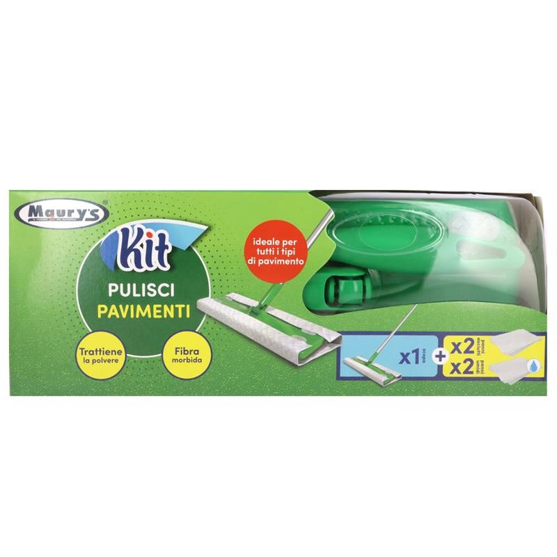 KIT PULISCI PAVIMENTI 1 SCOPA + 2 PANNI ASCIUTTI + 2 PANNI UMIDI FIBRA MORBIDA TRATTIENE LA POLVERE TUTTI I TIPI DI PAVIMENTO