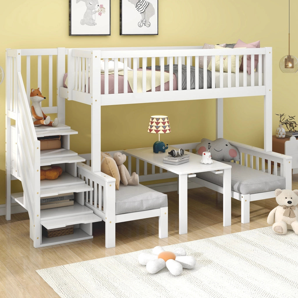 OKWISH Letto a Castello 90×200 cm e 120×200 cm, Letto 3 Posti con Scala Contenitore, Scrivania Ribaltabile e Sponda, senza Materasso, Bianco