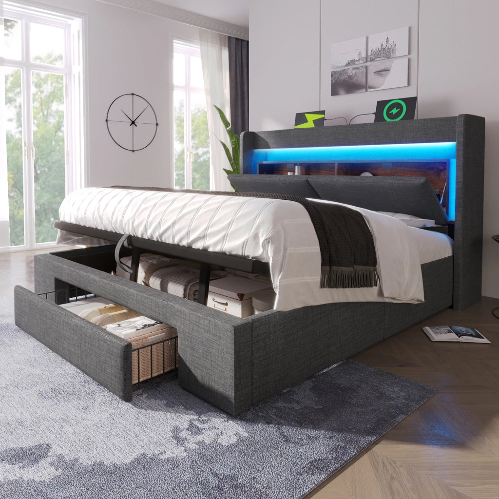 Letto matrimoniale imbottito 160x200 cm con contenitore idraulico, LED, USB e USB-C, grigio