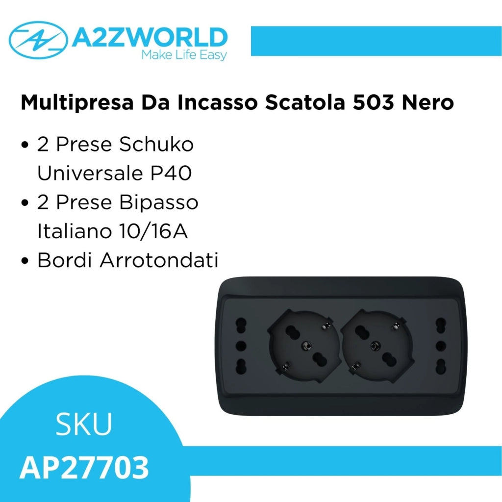 Multipresa Da Incasso Scatola 503 Nero Opaco, 2 Prese Schuko Universale P40 + 2 Prese Bipasso Italiano 10/16A, 140X80X23mm