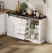Credenza moderna e rustica 150 x 40 x 85 cm con ante scorrevoli; 4 cassetti; bianca in MDF