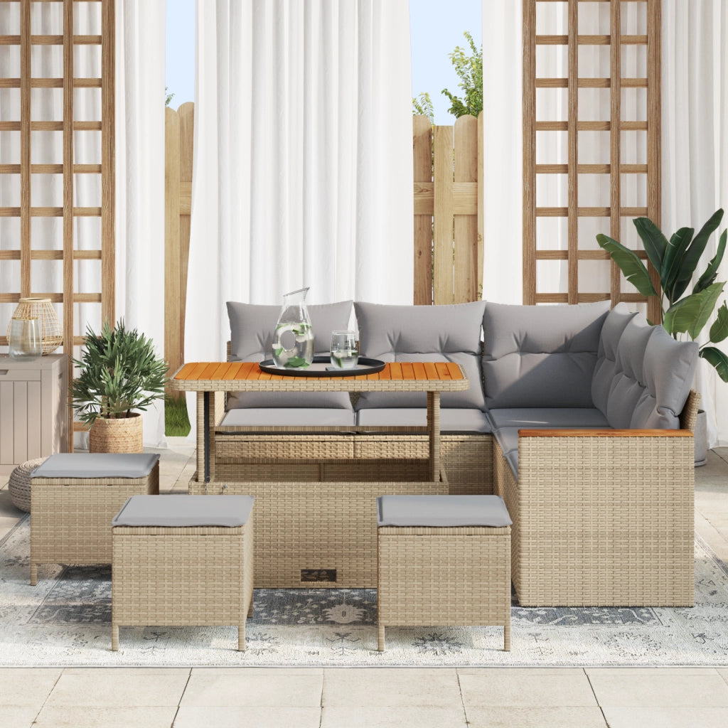 Set Divano Giardino  9 Pezzi con Cuscini Beige Polyrattan Acacia