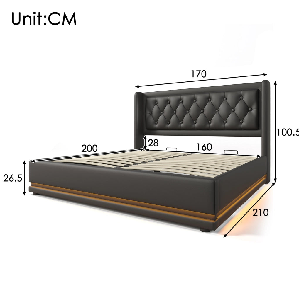 Letto 160x200 cm con contenitore idraulico, LED, USB e USB-C in PU nero