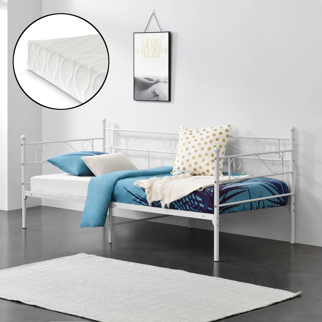 Divano Kerava in Acciaio Letto Singolo con Materasso a Schiuma Fredda 90 x 200 cm - Bianco [en.casa]