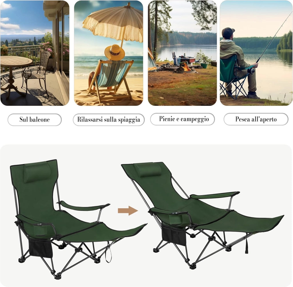 Set di 2 Sedia da Campeggio Portatile Reclinabile, Sedia Pieghevole Esterno con Poggiapiedi, Poggiatesta e Borsa da Trasporto, per Pesca, Giardino, Verde