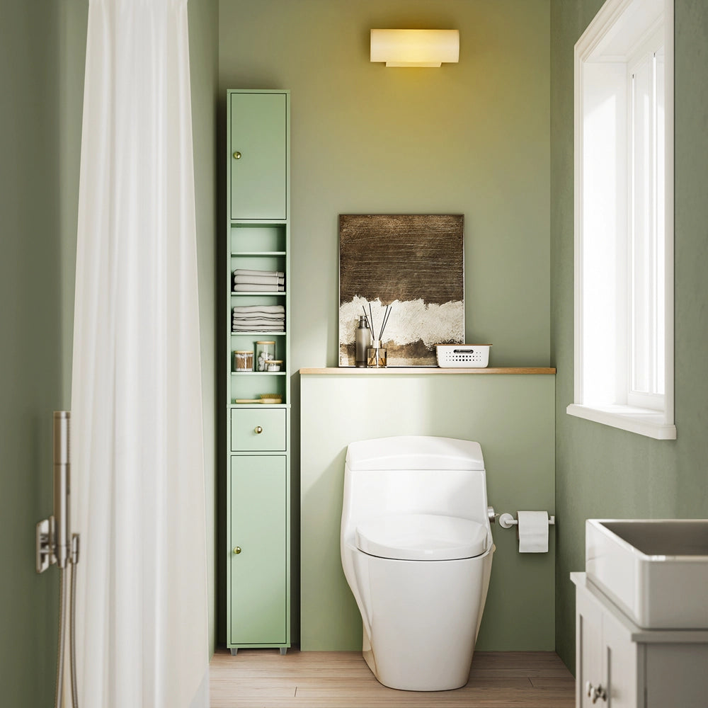 SoBuy Colonna Bagno Stretta – Mobile Bagno Idrorepellente, Alto con Ripiani Regolabili e Cassetto – Armadietto Salvaspazio, MDF, Verde Chiaro, 20x180x20cm, BZR34-II-GR