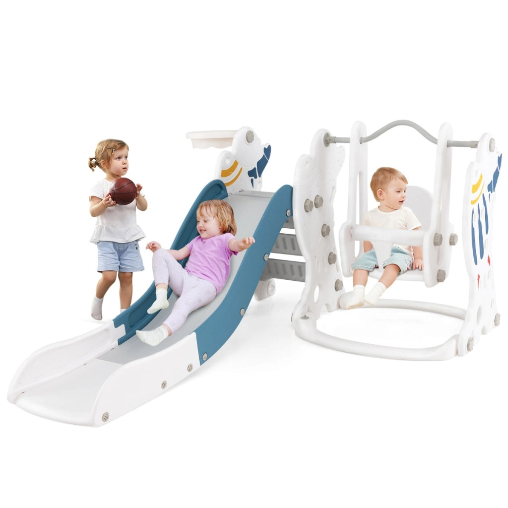Set di scivolo e altalena per bambini con scivolo esteso altalena canestro da basket e arrampicata, Set di gioco Blu-Arrampicate e scivoli