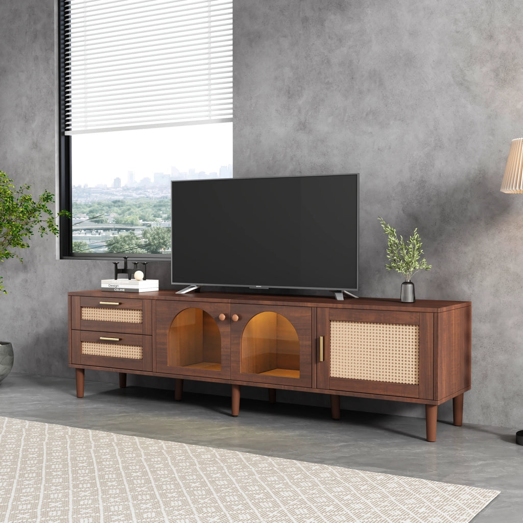 Mobile TV 180 cm ¨C MINIMAL ¨C Marrone, LED, Vetro, Rattan, 2 Cassetti