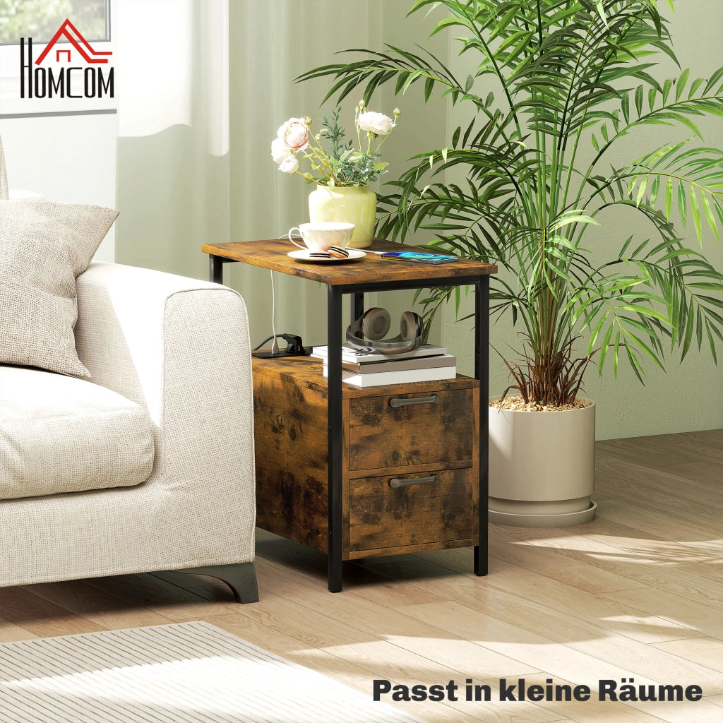 TAVOLINO Laterale 55x35x58,5 cm Marrone con 2 cassetti e prese integrate