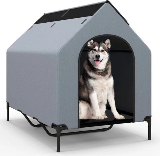 Recinzione per cani da 132 cm - Casa per cani alta - Per razze grandi - Grande casa per animali domestici - Finestre ventilate - Copertura removibile - Grigio