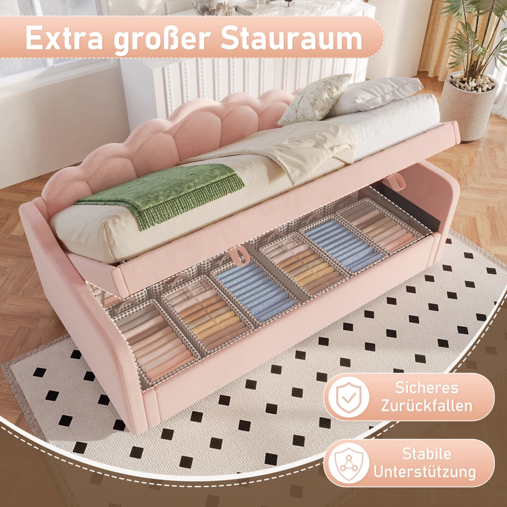 OKWISH Letto Divano 90×200 cm, Letto Singolo con Contenitore, LED Multicolore e Telecomando, senza Materasso, in Velluto, Rosa