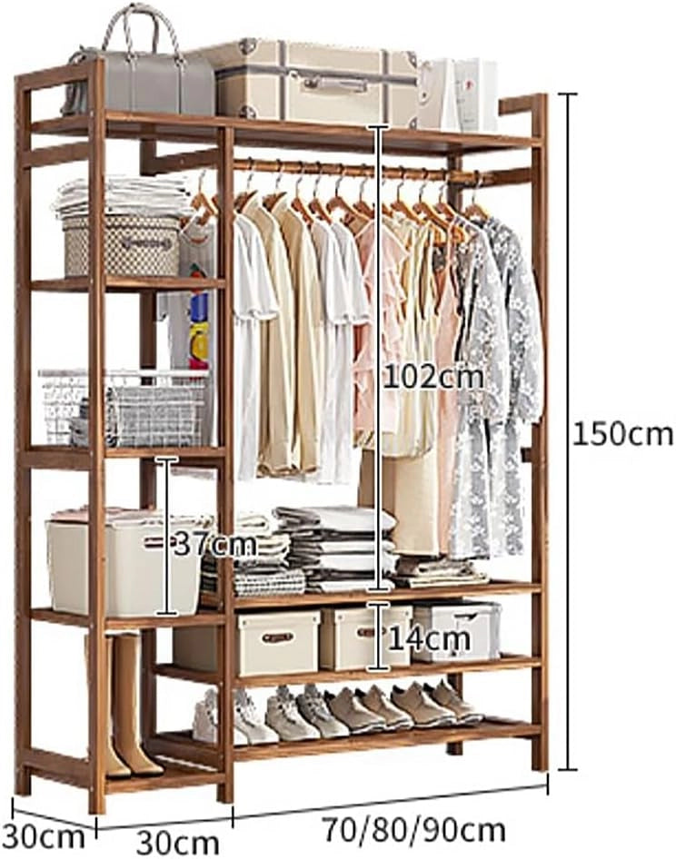 Appendiabiti in bambù, Appendiabiti Indipendente con Asta Appendiabiti, 2 Ripiani e Ganci, Appendiabiti Aperto per Guardaroba, Organizer per Camera da Letto, corridoio, Legno Naturale